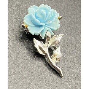 Vintage Silver Leaves And Blue Rose Brooch Pin